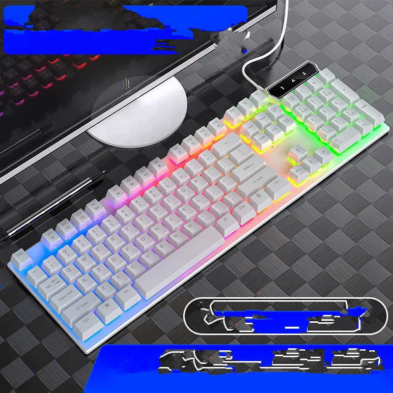 Black and white wired keyboard and mouse set with multimedia function keys for computer use