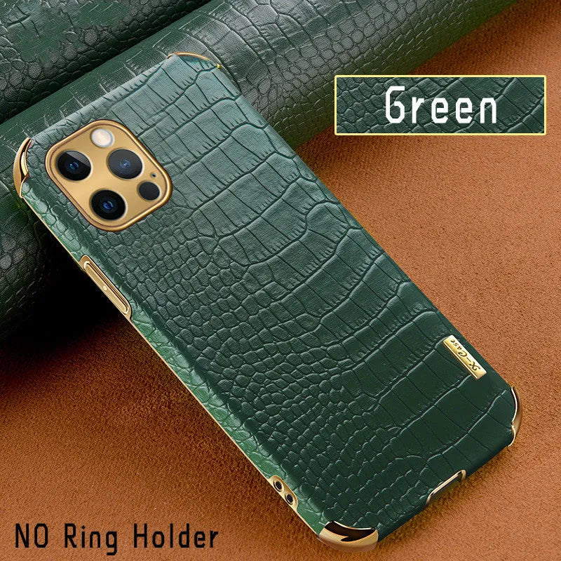 Crocodile pattern imitation leather iPhone case in solid colours: black, green, red, yellow, white.