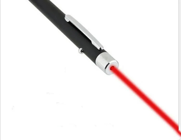 Black red laser pointer pen showing 13.5 cm length and 1.1 cm diameter.