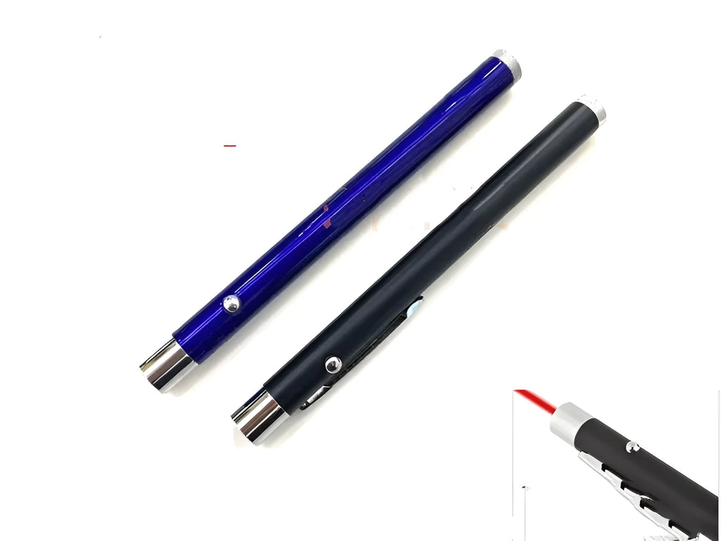 Black red laser pointer pen showing 13.5 cm length and 1.1 cm diameter.