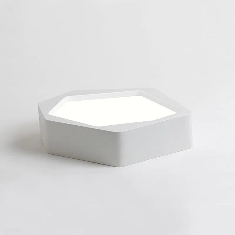 Geometric shaped LED wall or ceiling light in black or white iron frame with remote control.