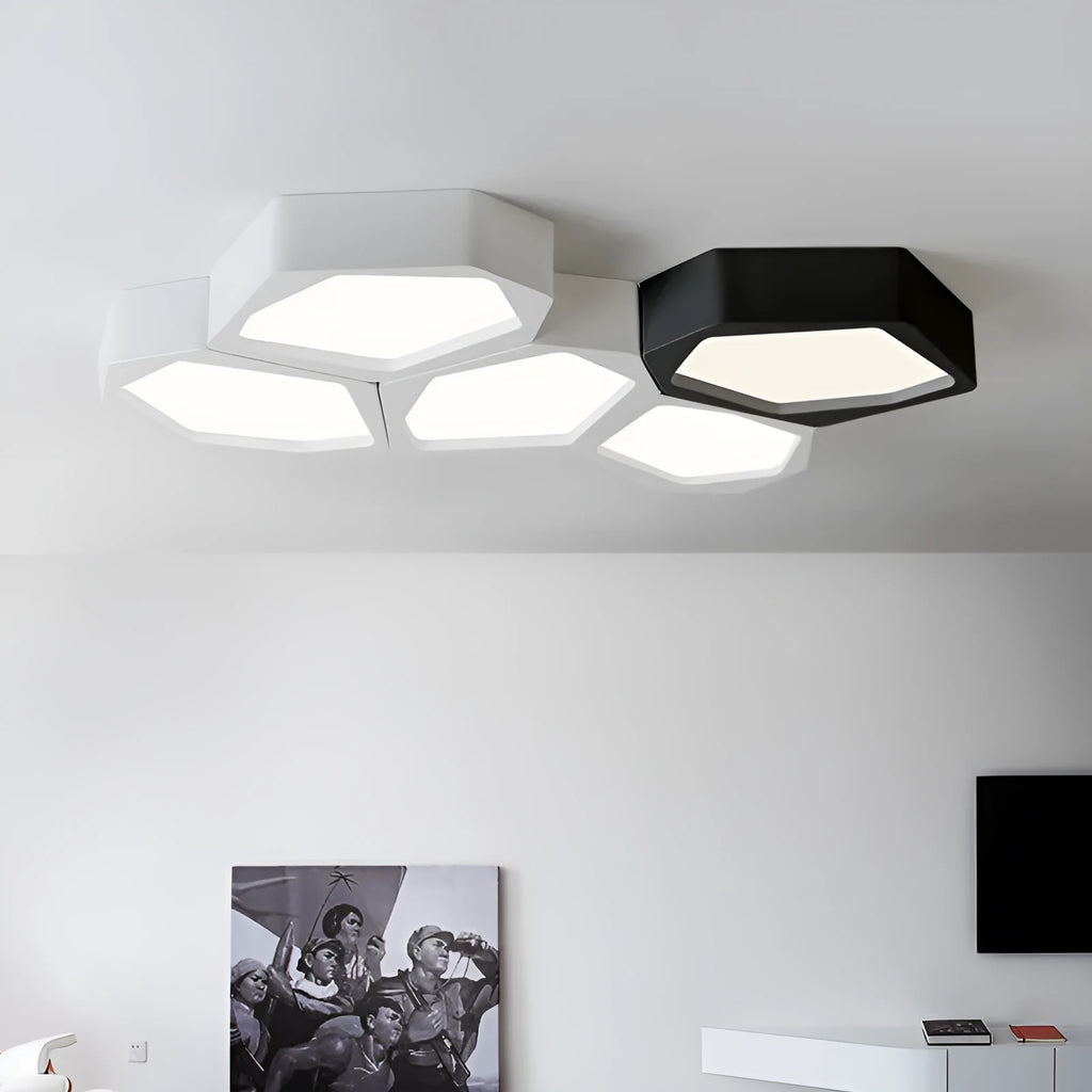 Geometric shaped LED wall or ceiling light in black or white iron frame with remote control.