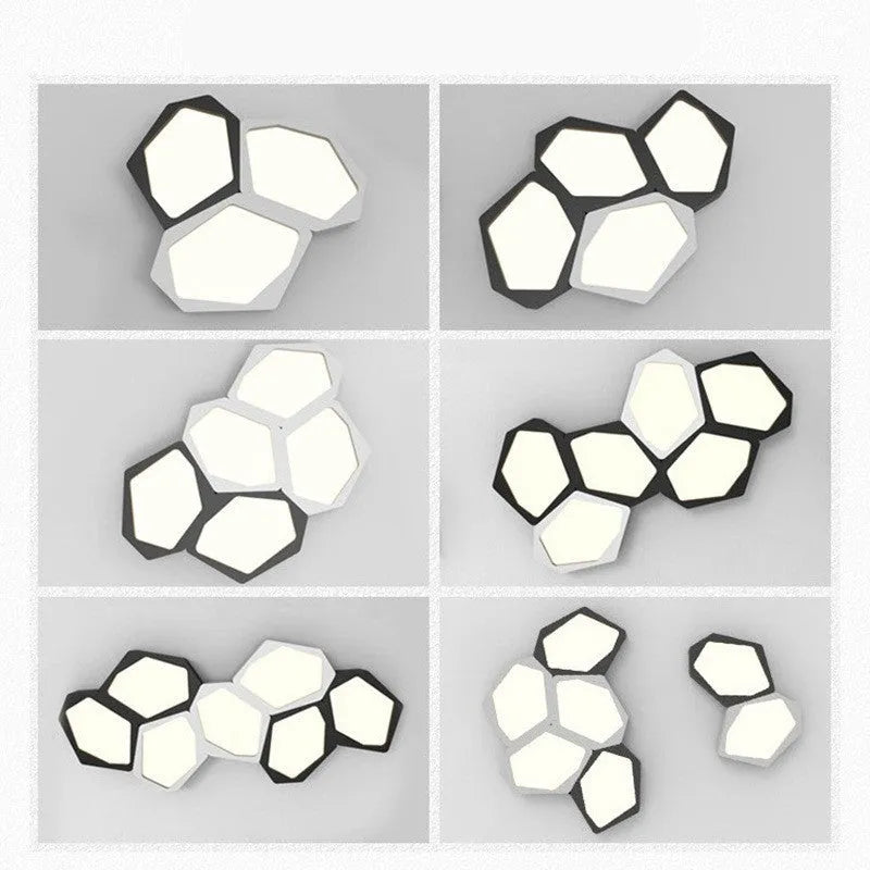 Geometric shaped LED wall or ceiling light in black or white iron frame with remote control.