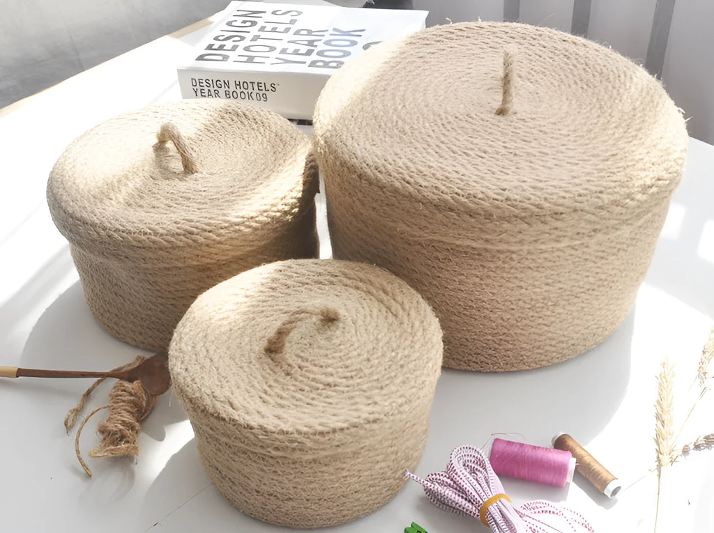 Japanese style linen fabric storage basket with cover in three sizes for bedroom organisation