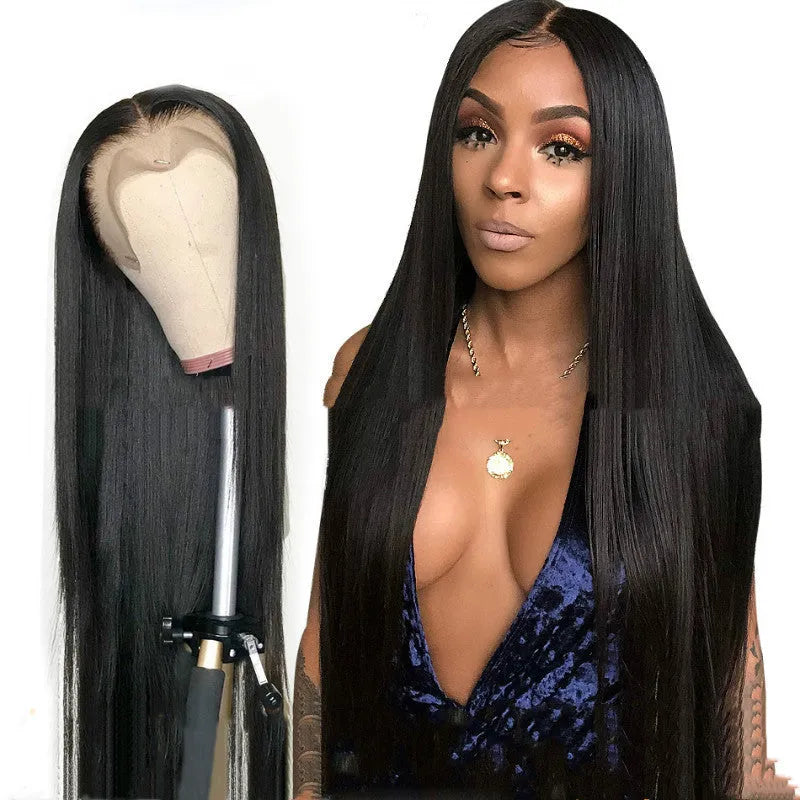Long straight black wig 26 inch high temperature wire middle part women African fashion