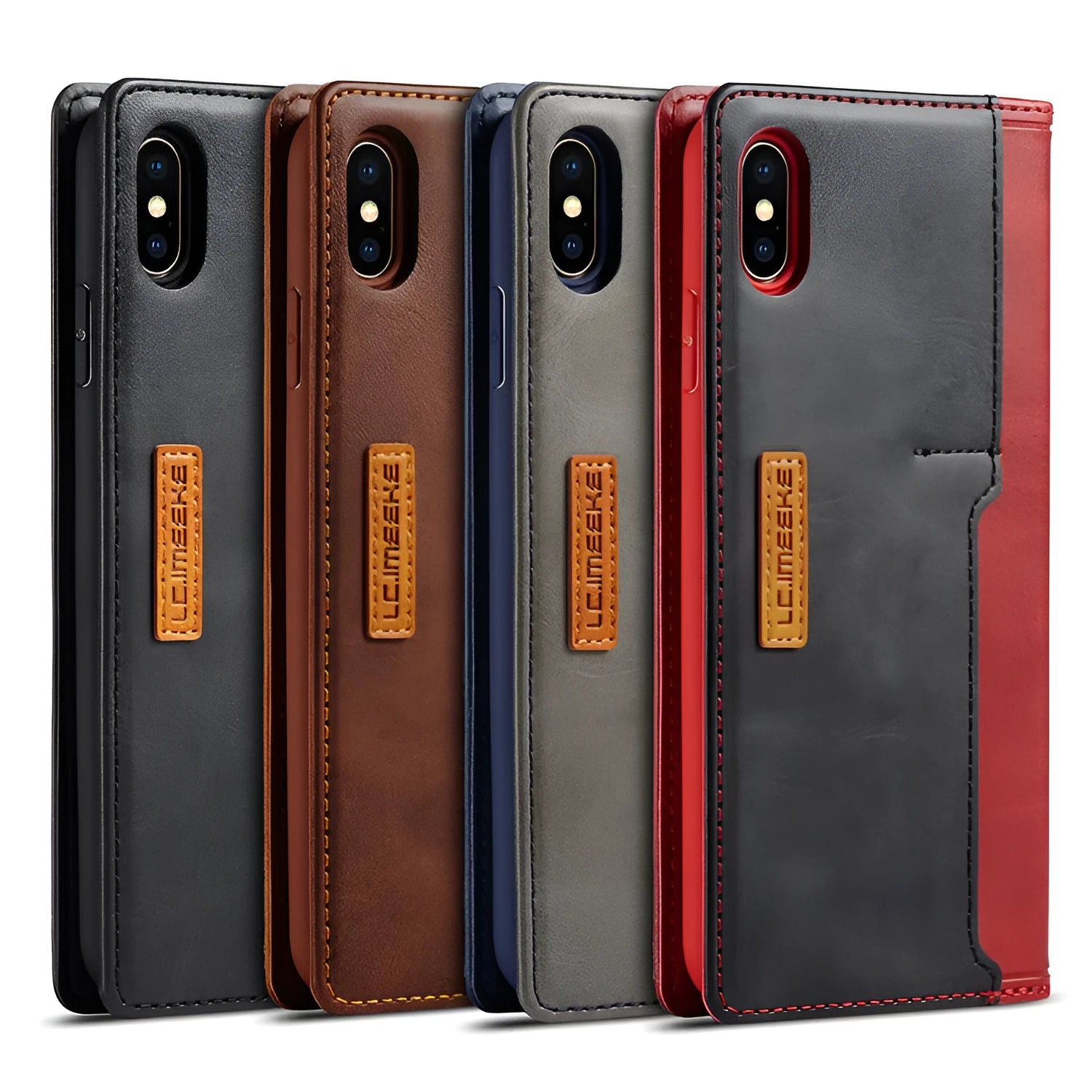 Black PU leather wallet phone case open showing card slots with iPhone visible inside