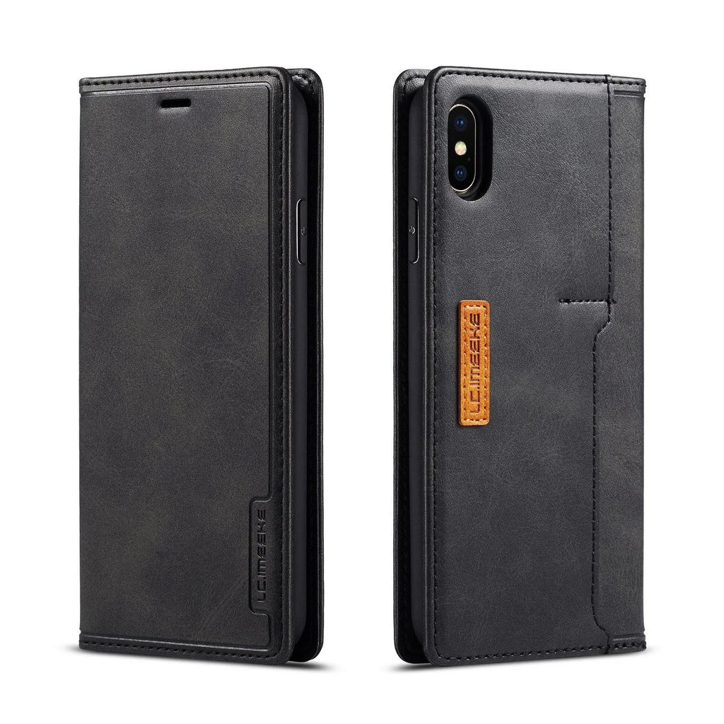 Black PU leather wallet phone case open showing card slots with iPhone visible inside
