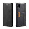 Black PU leather wallet phone case open showing card slots with iPhone visible inside