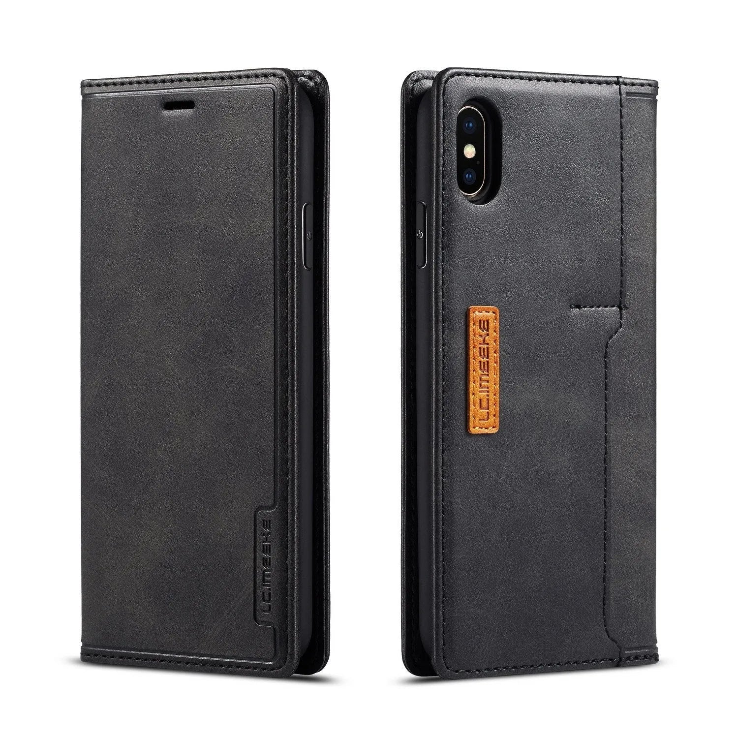 Black PU leather wallet phone case open showing card slots with iPhone visible inside