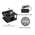 Black miniature precision table saw with sliding table mechanism and 110mm blade for woodworking projects