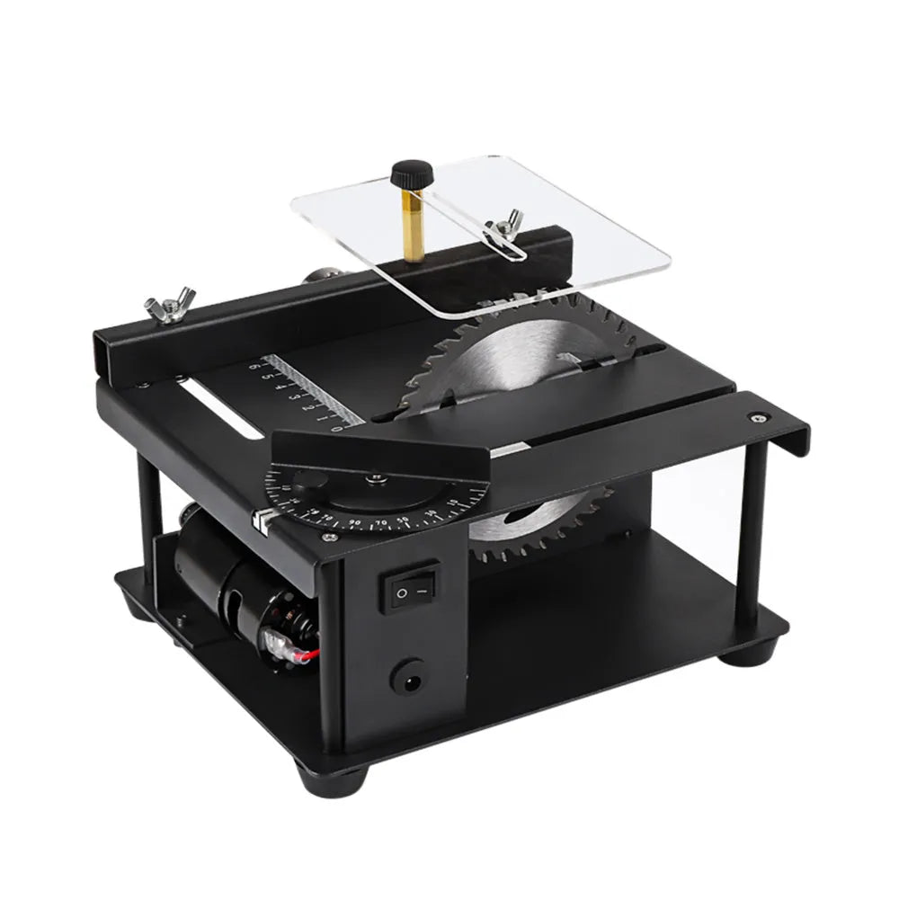 Black miniature precision table saw with sliding table mechanism and 110mm blade for woodworking projects
