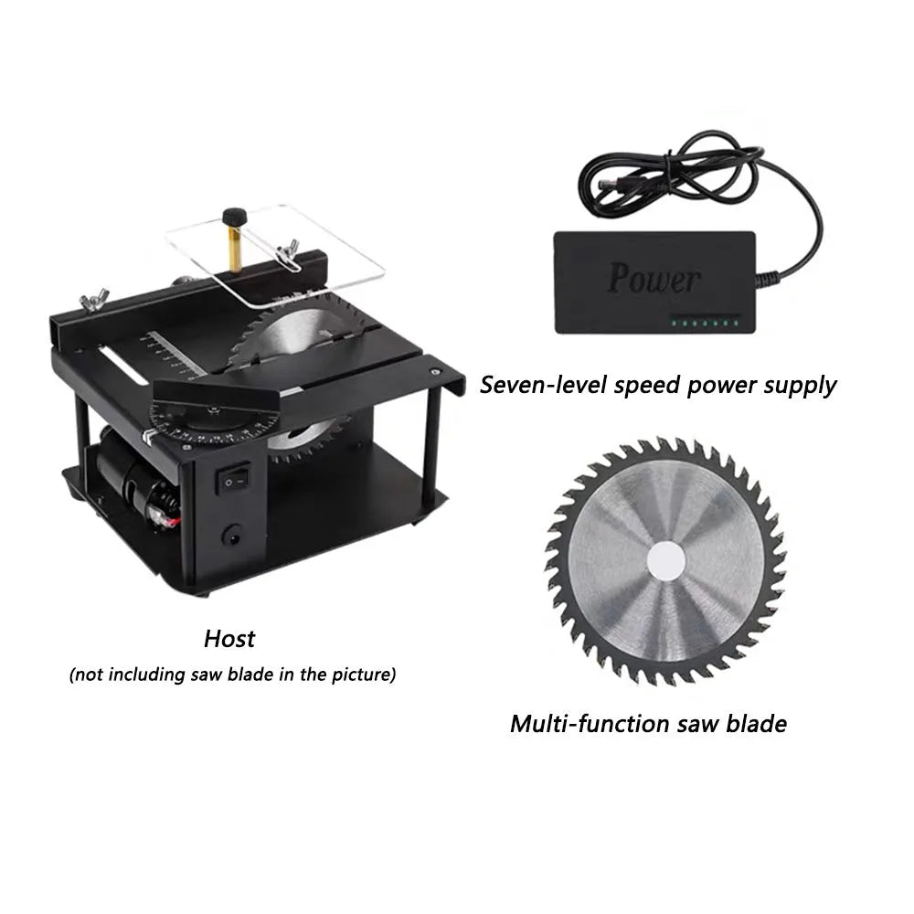 Black miniature precision table saw with sliding table mechanism and 110mm blade for woodworking projects