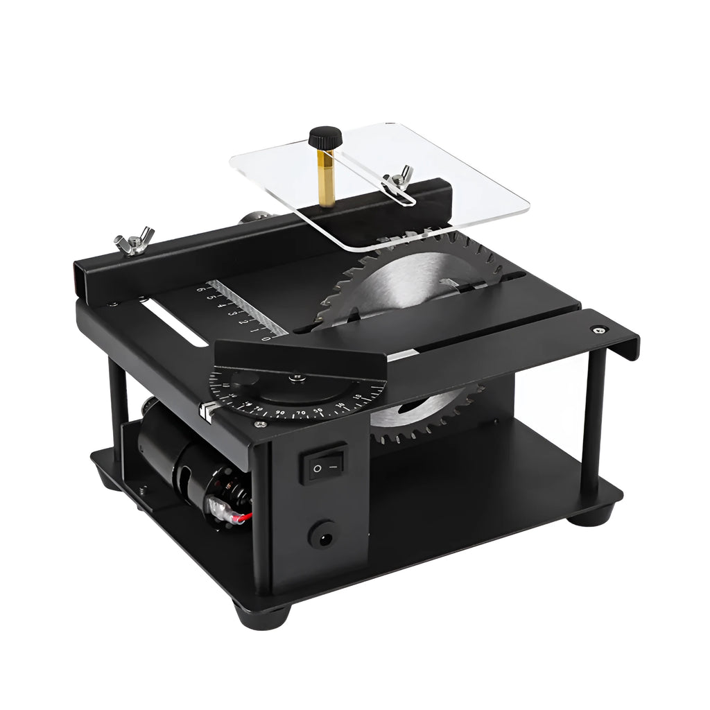 Black miniature precision table saw with sliding table mechanism and 110mm blade for woodworking projects
