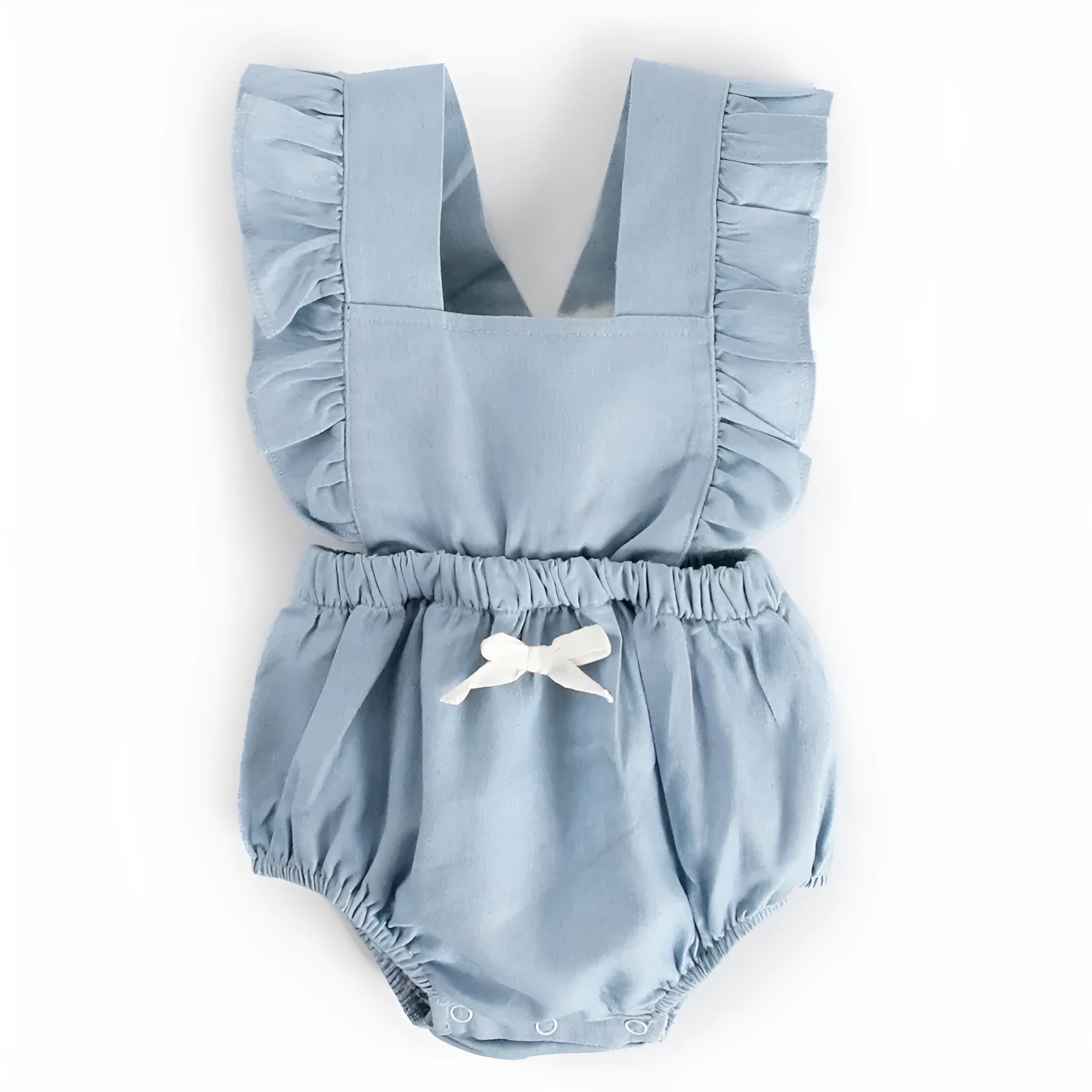 Blue denim sleeveless baby romper with lace trim on a hanger