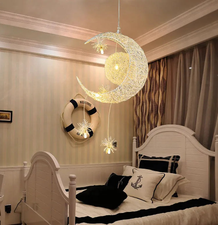 Aluminium wire star and moon design chandelier with adjustable hanging height.