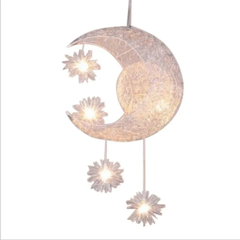 Aluminium wire star and moon design chandelier with adjustable hanging height.