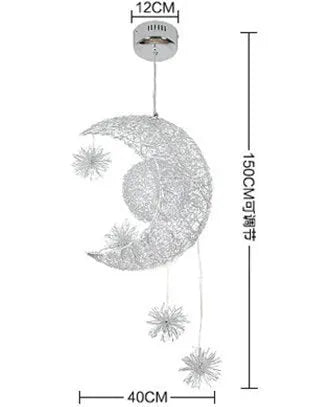 Aluminium wire star and moon design chandelier with adjustable hanging height.