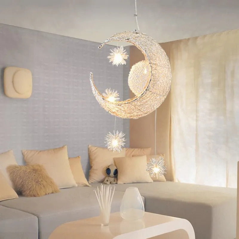 Aluminium wire star and moon design chandelier with adjustable hanging height.