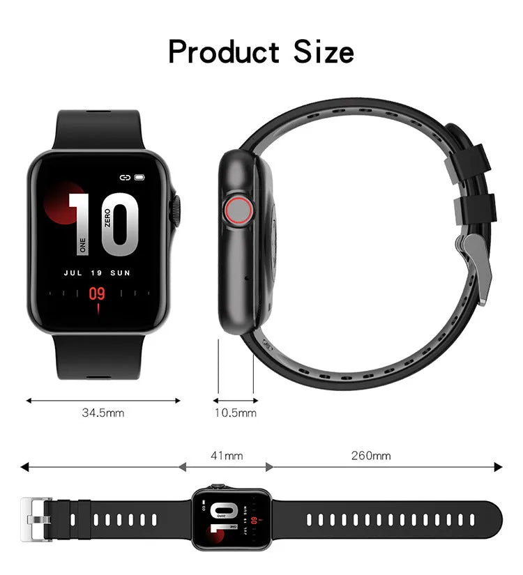 D06 smart watch with colour display and black silicone strap on a wrist, showing split screen interface.
