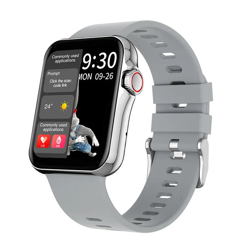 D06 smart watch with colour display and black silicone strap on a wrist, showing split screen interface.