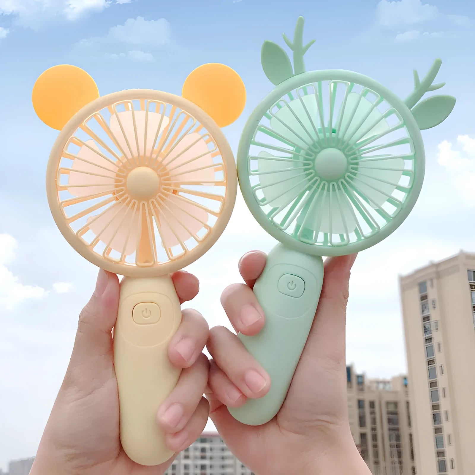 Blue cartoon handheld USB fan with plastic blades for personal cooling