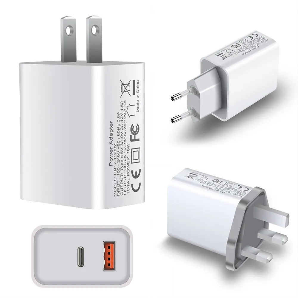White FDGAO 18W dual USB-C PD fast charging plug for Apple iPhone 12 with EU UK US plug options