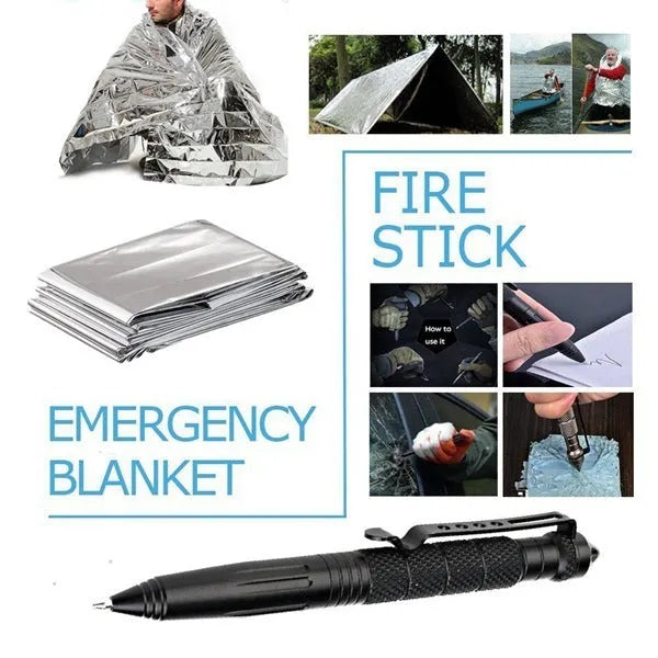 Black outdoor survival kit open to show compass, flashlight, wire saw, and tools inside a shockproof case.