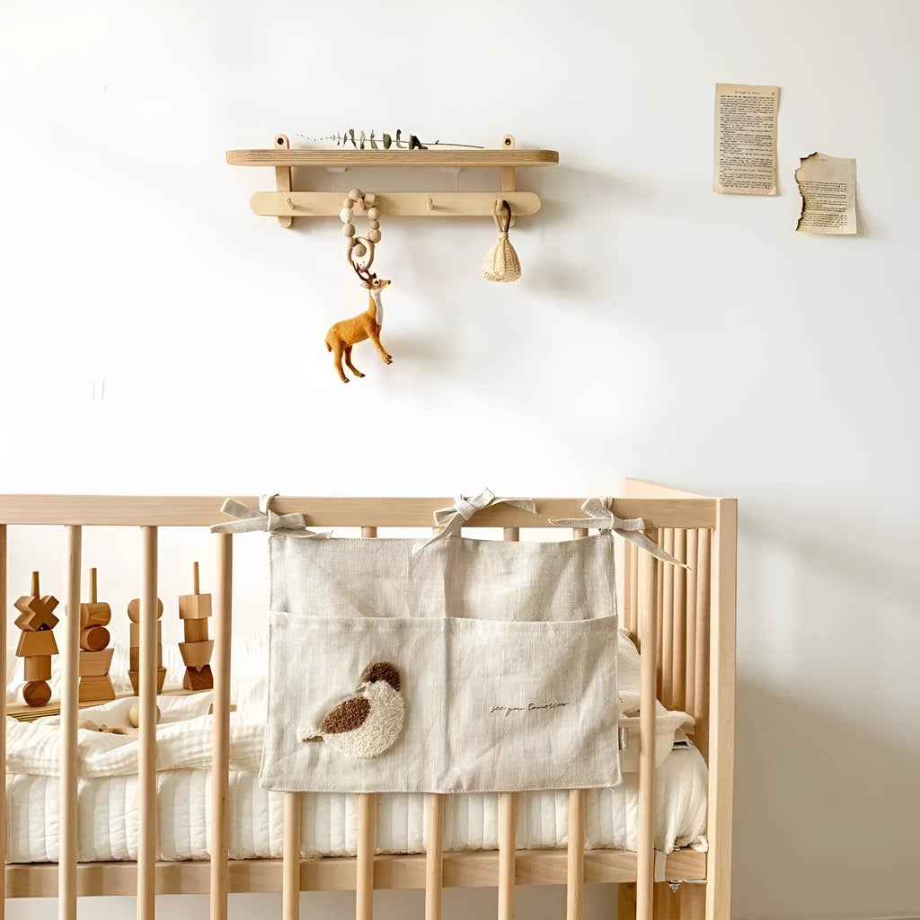 Khaki cotton linen hanging bedside storage bag with a single pocket.