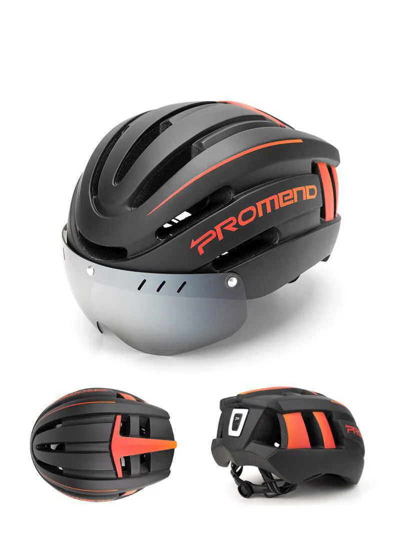 Black orange integral molded mountain bike helmet with LED taillight and magnetic glasses lenses