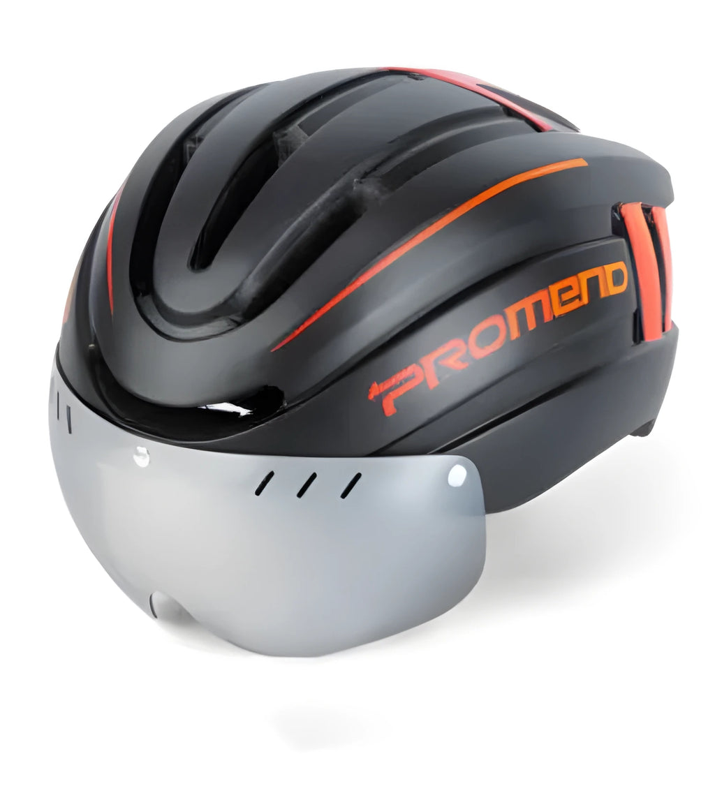 Black orange integral molded mountain bike helmet with LED taillight and magnetic glasses lenses