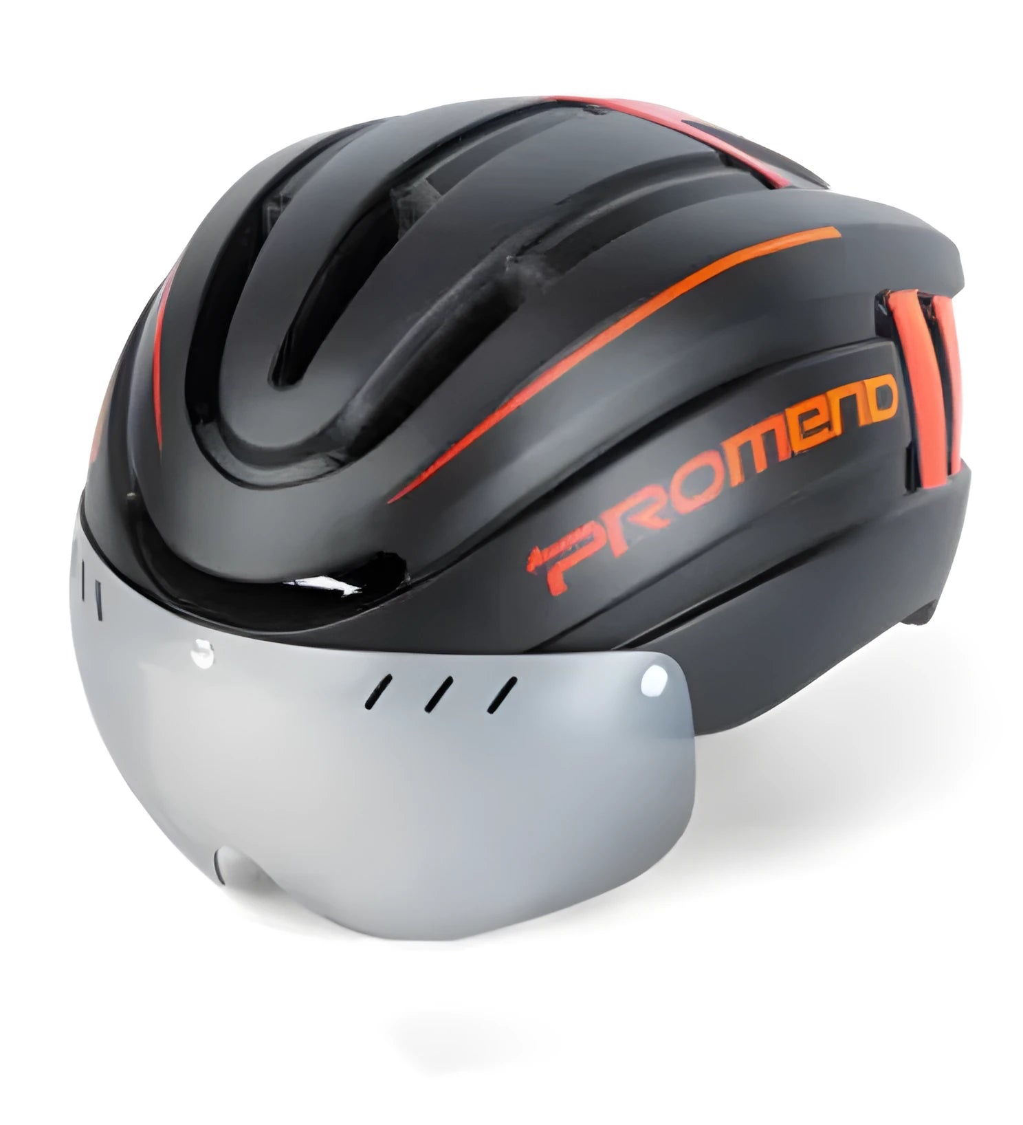 Black orange integral molded mountain bike helmet with LED taillight and magnetic glasses lenses