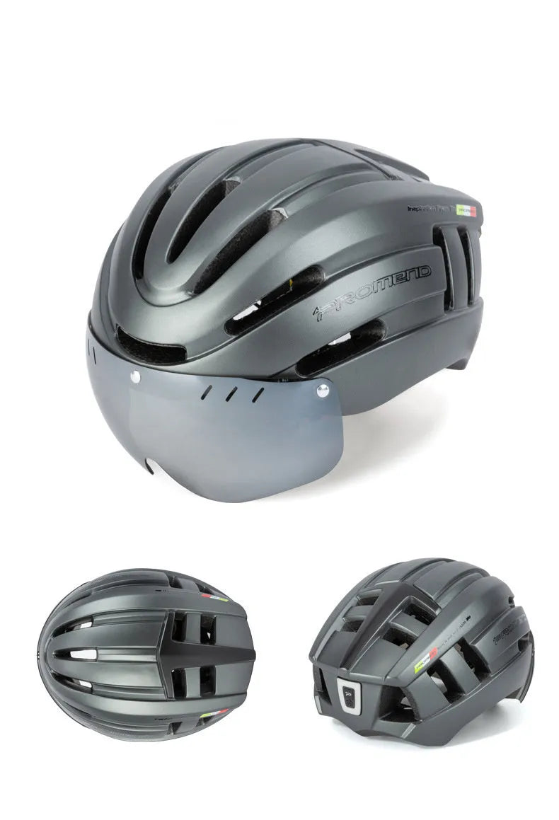 Black orange integral molded mountain bike helmet with LED taillight and magnetic glasses lenses
