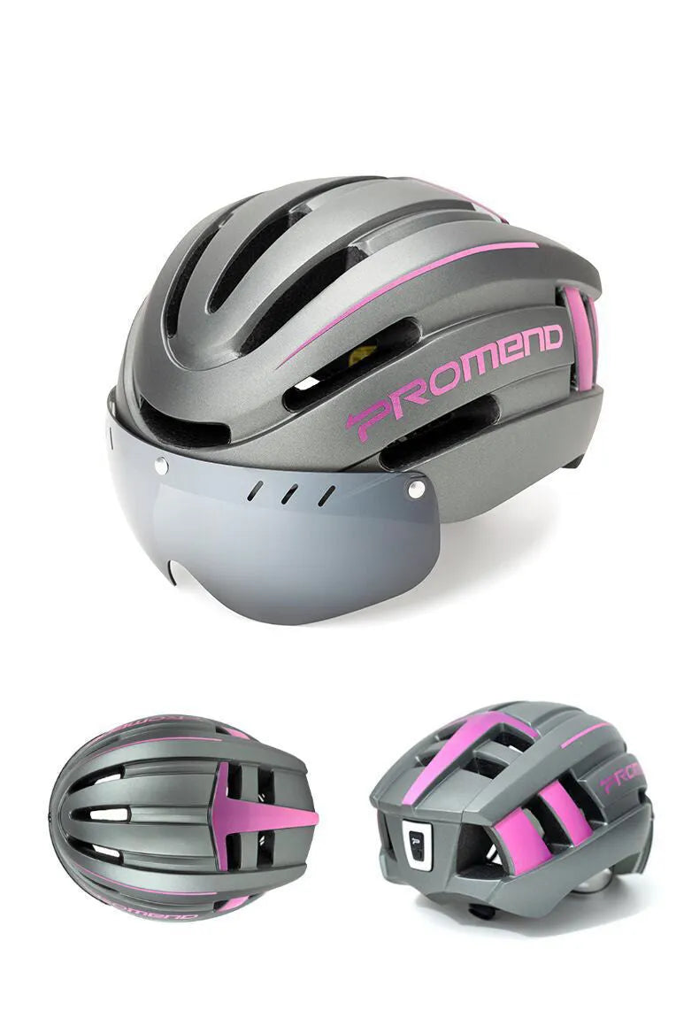 Black orange integral molded mountain bike helmet with LED taillight and magnetic glasses lenses