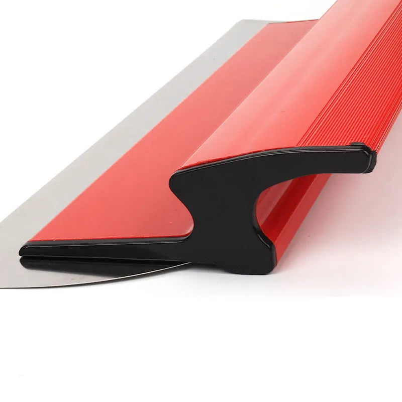 Grey wall levelling scraper with red handle measuring 40cm length