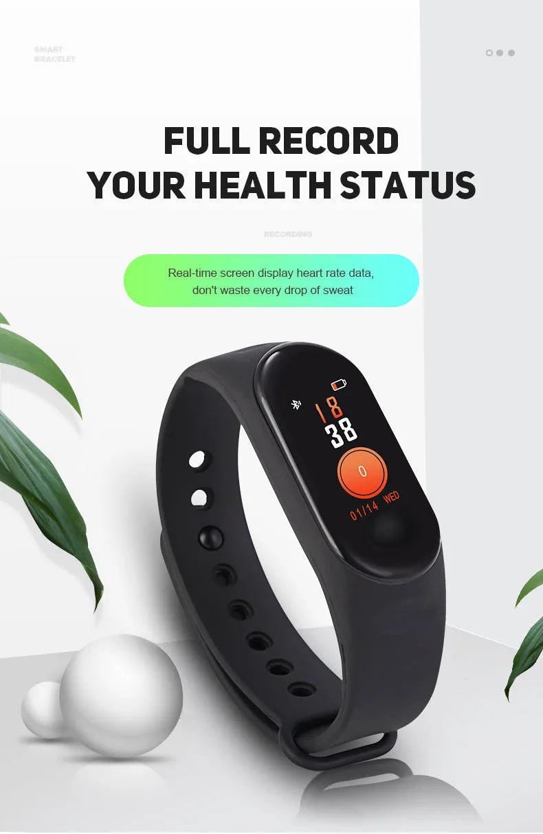 M3 Smart Fitness Bracelet with colour screen and black TPE wristband on a wrist