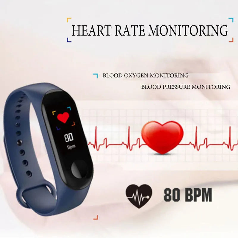 M3 Smart Fitness Bracelet with colour screen and black TPE wristband on a wrist