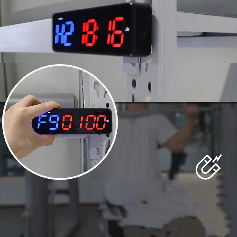 Fitness exercise timer with magnetic suction showing seconds display in blue colour, plastic construction