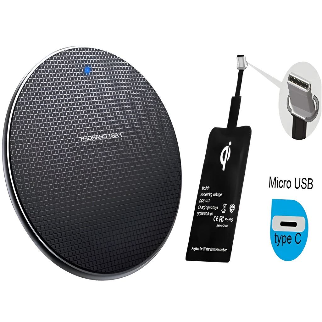 A round, ultra-thin aluminium wireless phone charger with a Qi receiver, shown in black and grey colour options.