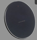 A round, ultra-thin aluminium wireless phone charger with a Qi receiver, shown in black and grey colour options.