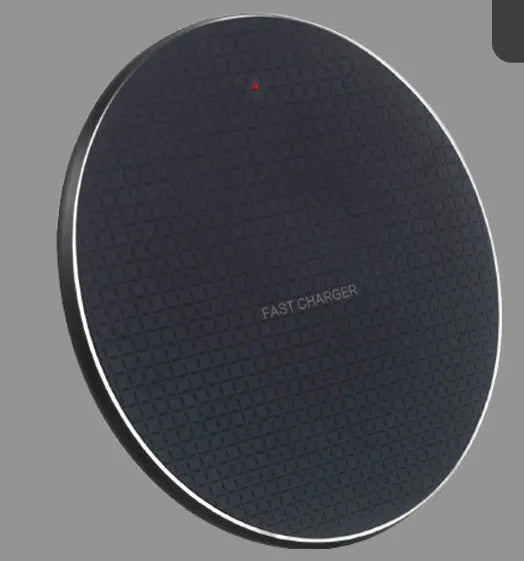 A round, ultra-thin aluminium wireless phone charger with a Qi receiver, shown in black and grey colour options.