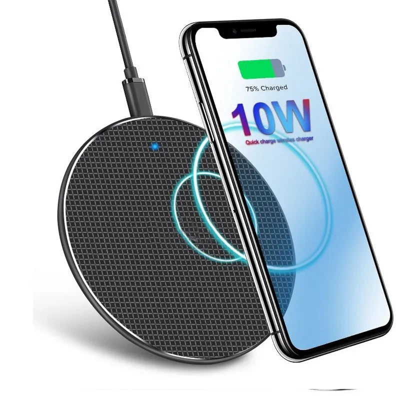 A round, ultra-thin aluminium wireless phone charger with a Qi receiver, shown in black and grey colour options.