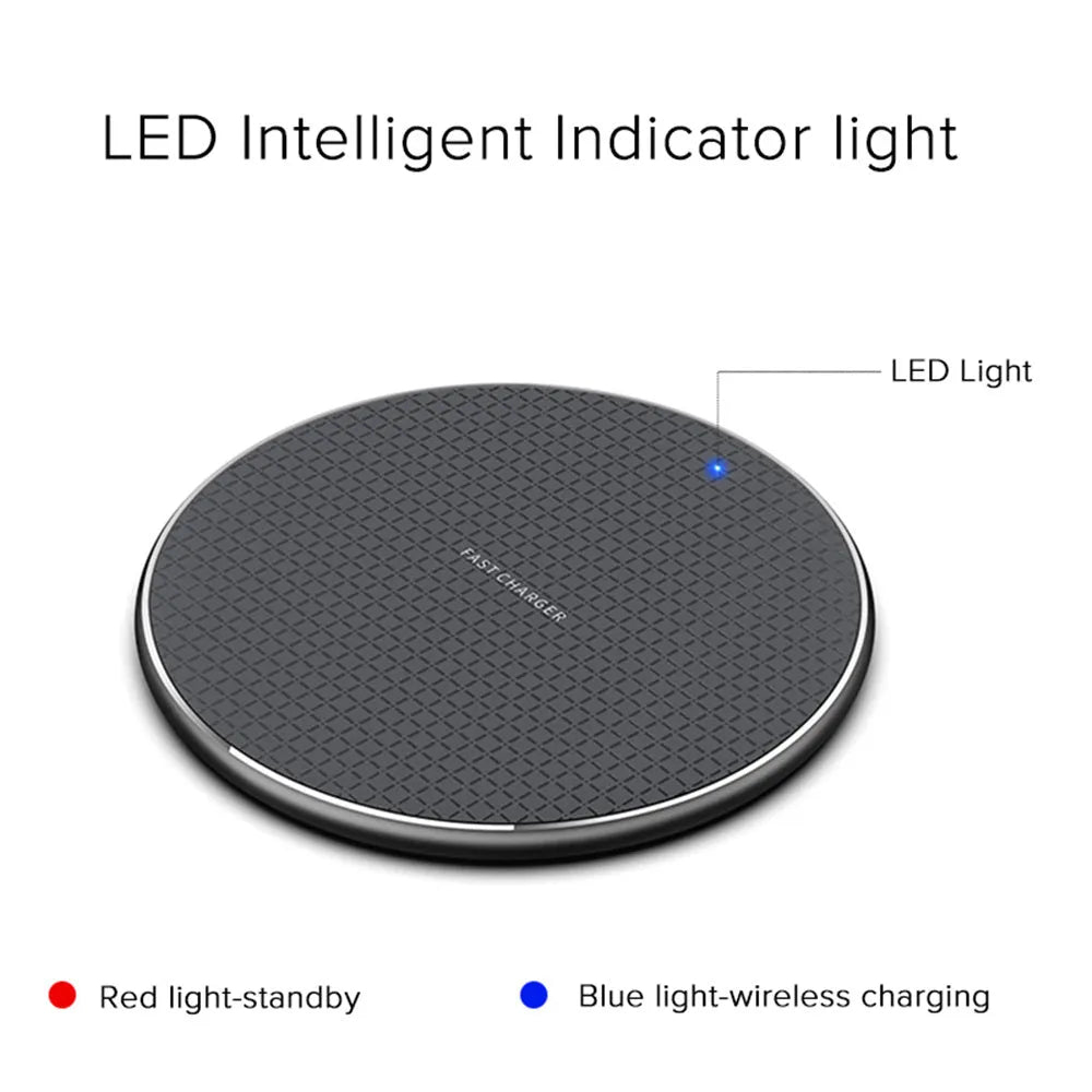 A round, ultra-thin aluminium wireless phone charger with a Qi receiver, shown in black and grey colour options.