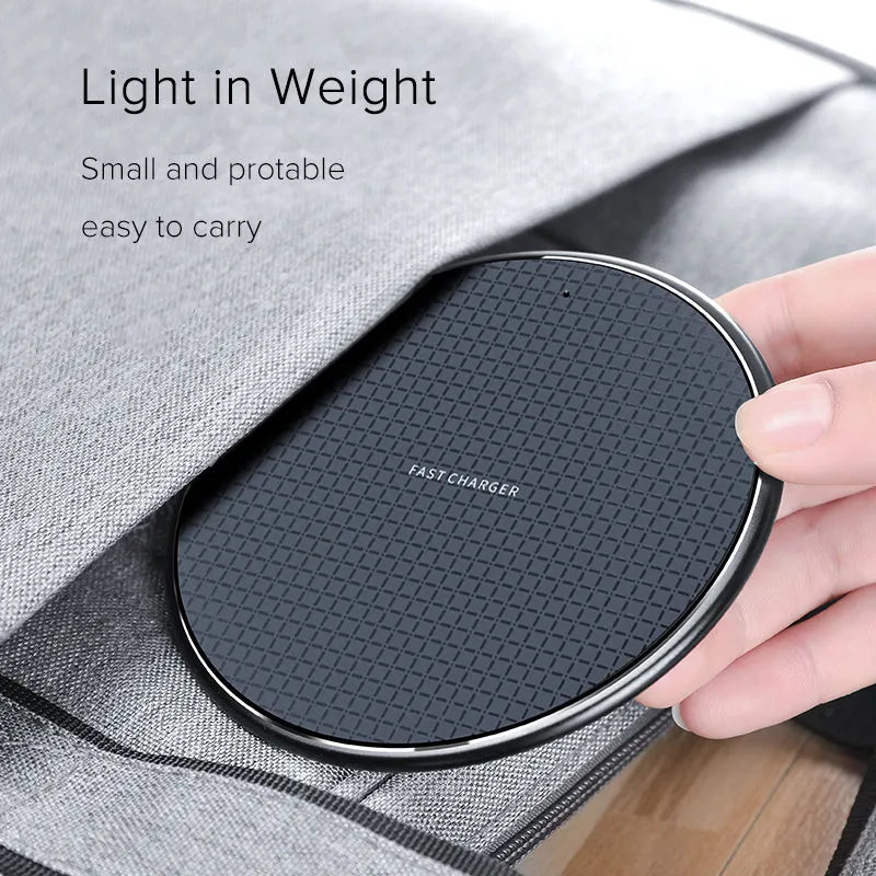 A round, ultra-thin aluminium wireless phone charger with a Qi receiver, shown in black and grey colour options.