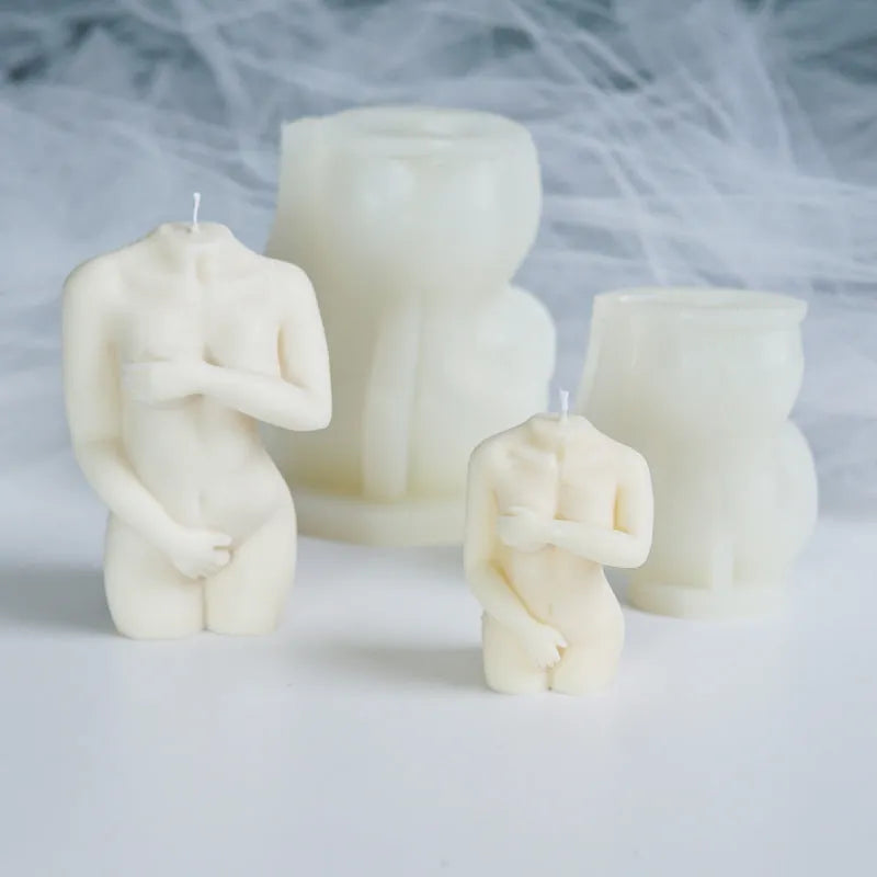 Silicone female body candle mould showing three shy female body shape variations for handmade wax sculptures