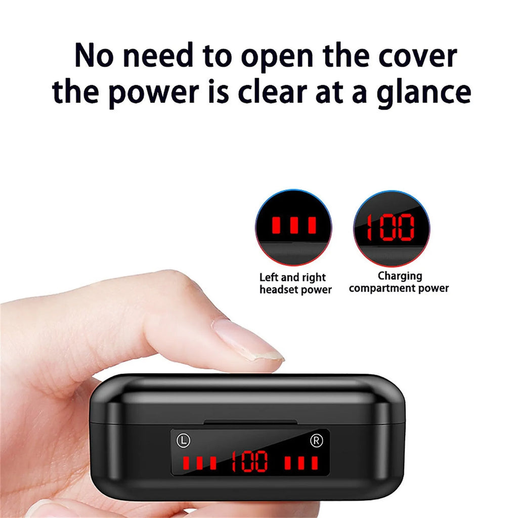 V7 LED version wireless Bluetooth TWS earphones with charging case and three ear tip sizes.