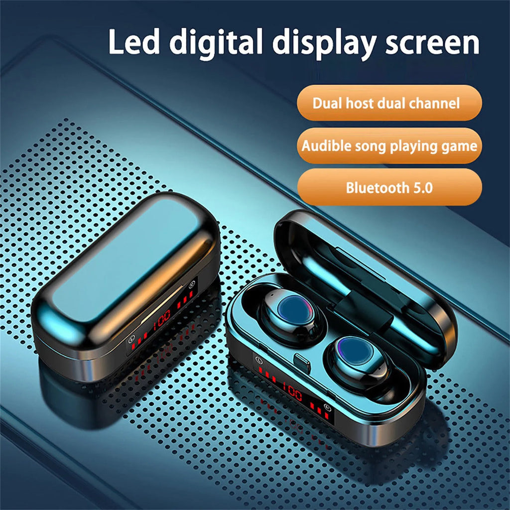 V7 LED version wireless Bluetooth TWS earphones with charging case and three ear tip sizes.