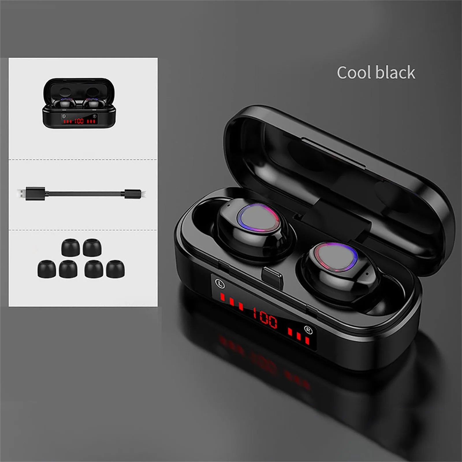V7 LED version wireless Bluetooth TWS earphones with charging case and three ear tip sizes.