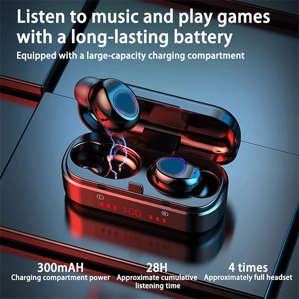 V7 LED version wireless Bluetooth TWS earphones with charging case and three ear tip sizes.