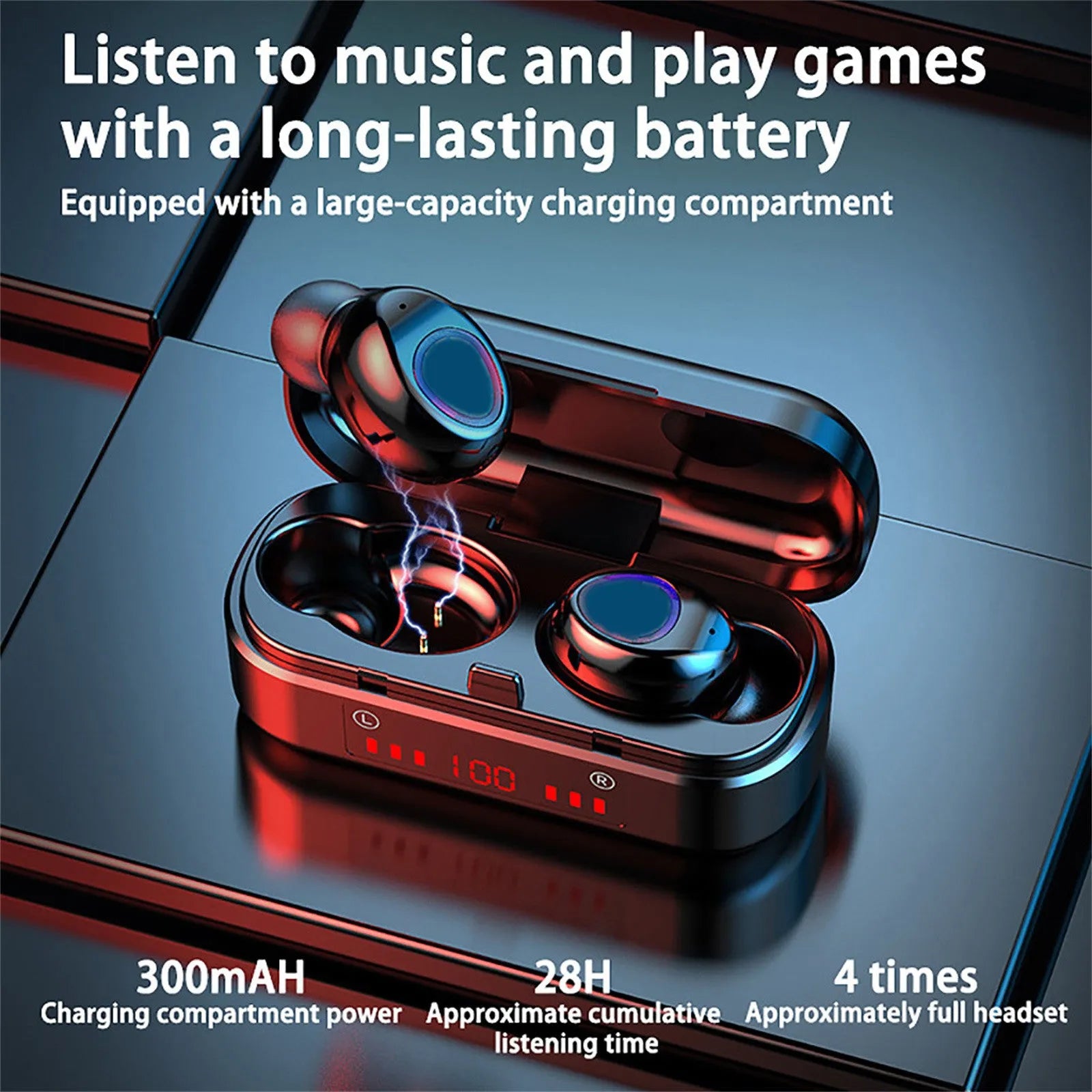 V7 LED version wireless Bluetooth TWS earphones with charging case and three ear tip sizes.