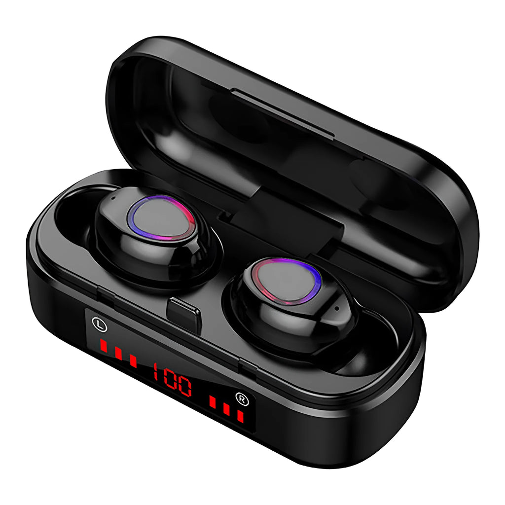 V7 LED version wireless Bluetooth TWS earphones with charging case and three ear tip sizes.